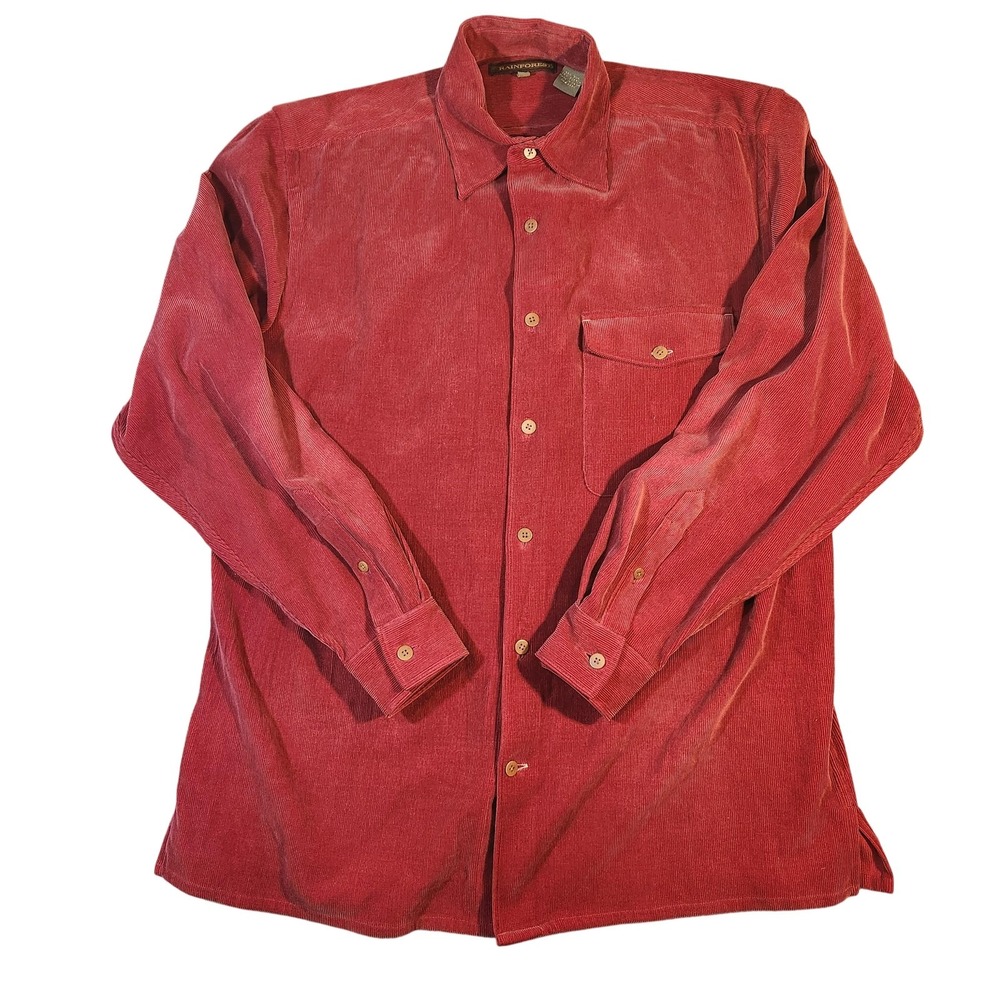 Rainforest Shirt Mens Medium Red Silk Cotton Corduroy Button‎ Front Long Sleeve